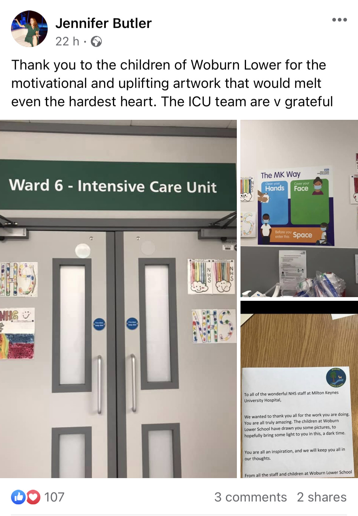 Photo of childrens' thank you cards being displayed in the hospital ICU